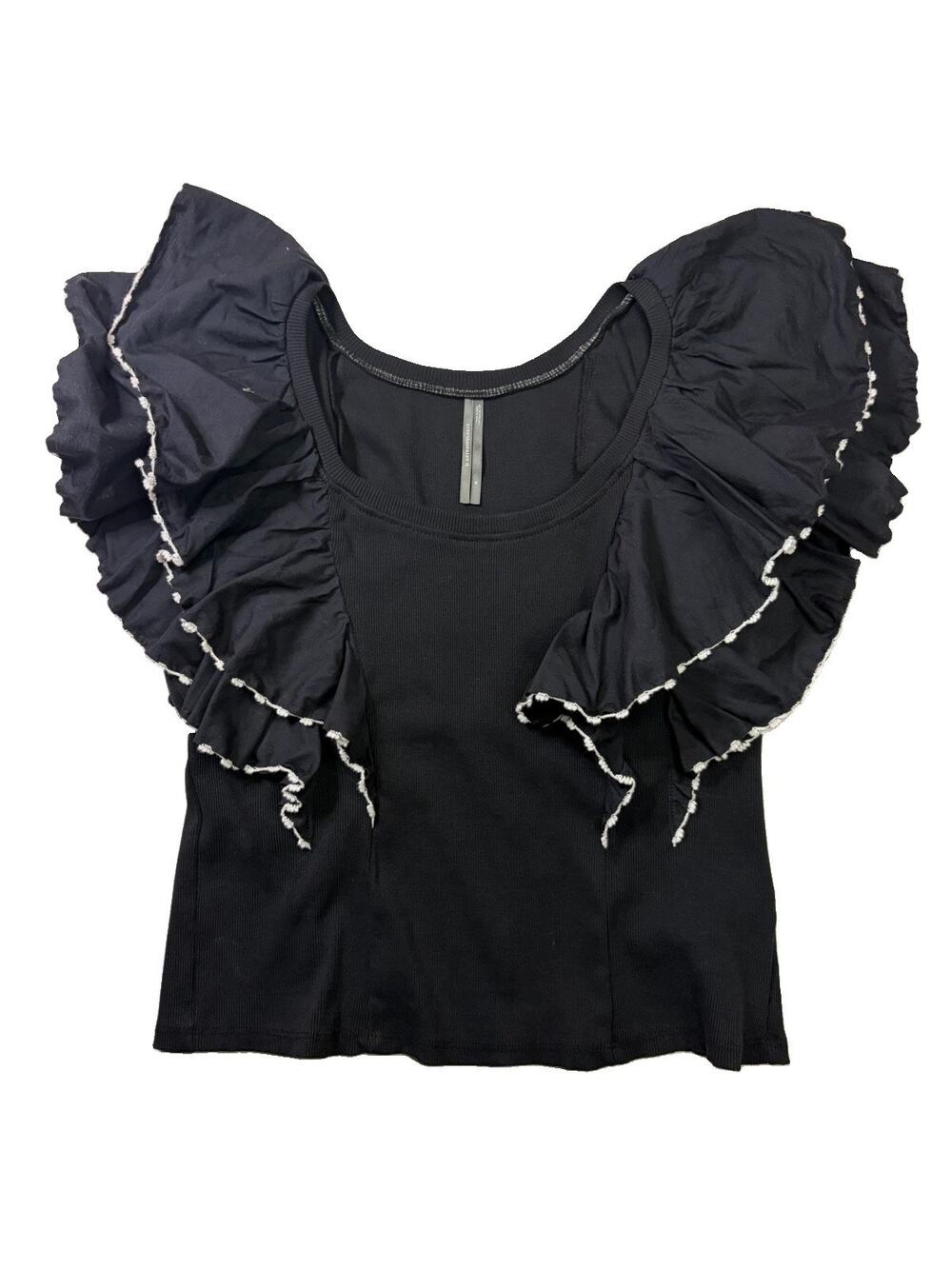 By Anthropologie Top Women’s M Black Ribbed Oversized Ruffle Sleeve Boho
